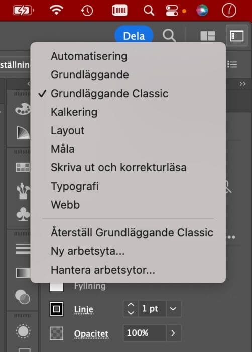 verktygsfält, Eget verktygsfält i Illustrator