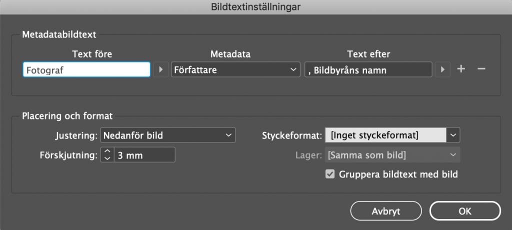 automatiska bildtexter, Automatiska bildtexter i InDesign