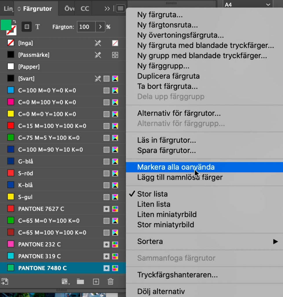 , Söka färger i ett InDesign-dokument