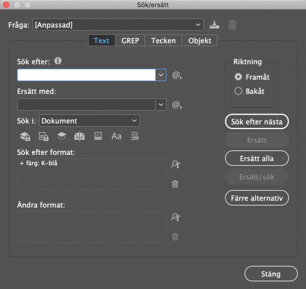 , Söka färger i ett InDesign-dokument