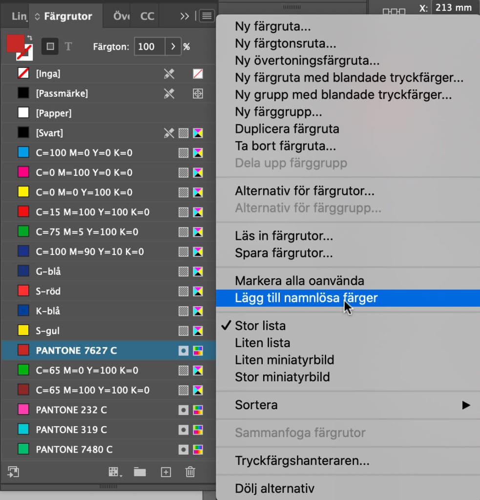 , Söka färger i ett InDesign-dokument
