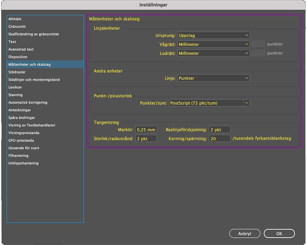 indesigns inställningar, InDesigns inställningar – en snabbguide