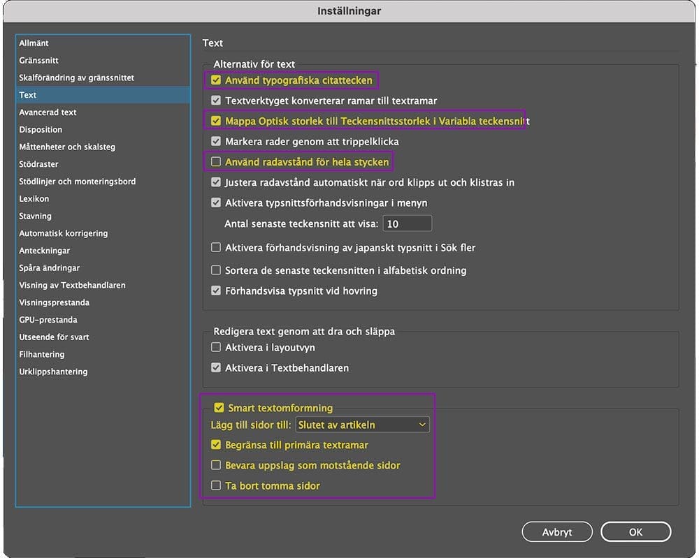 indesigns inställningar, InDesigns inställningar – en snabbguide