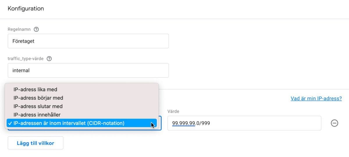 konfiguration för att utesluta ip-nummer i Google Analytics