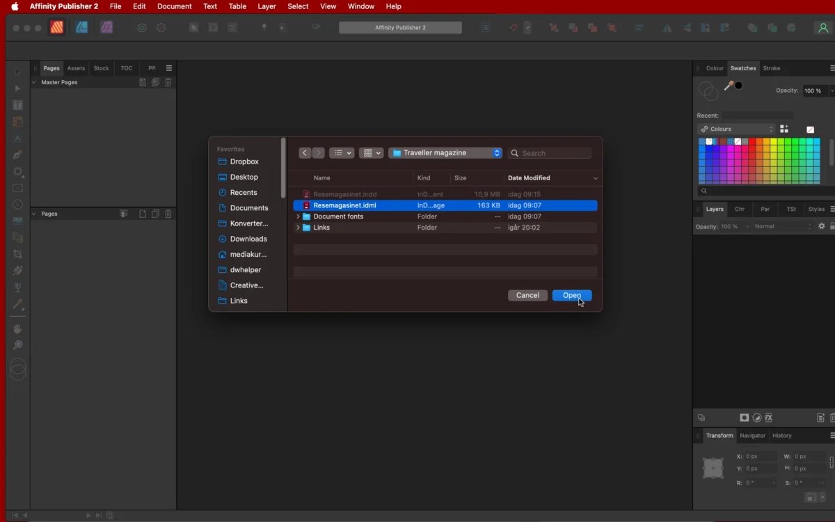 öppna InDesign-filer med Affinity Publisher, Öppna InDesign-filer med Affinity Publisher